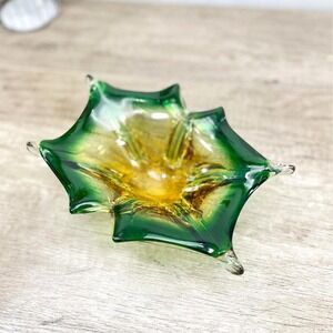 Vintage Murano-Style Sommerso Art Glass Bowl — Green & Amber | Star Ruffle Form